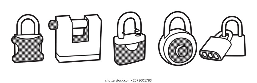 black and white vector image, security padlock collection