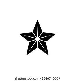 Black and white vector image showcasing a simple five-pointed star with internal line dividing each point, set against a stark white backdrop. Icon illustration.