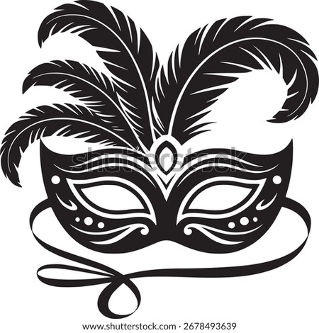 a black and white vector image showcasing a carnival mask adorned with feathers. decorative swirls enhance the design, perfect for masquerade or festive events