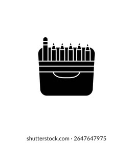 Uma imagem vetorial em preto e branco mostra uma caixa preenchida com lápis. Os lápis ficam em pé dentro do contêiner, útil para projetos de ilustração, arte e design.