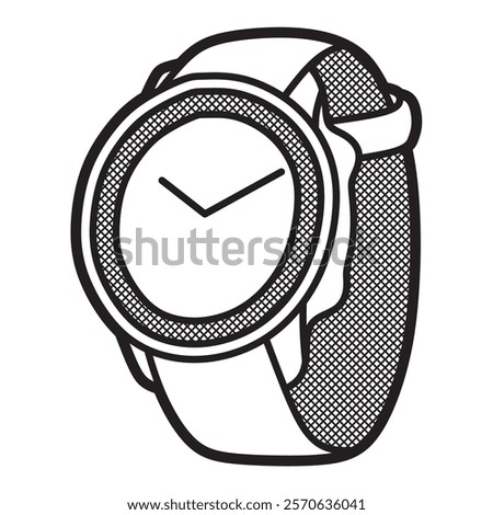 black and white vector image, simple round analog watch facing left