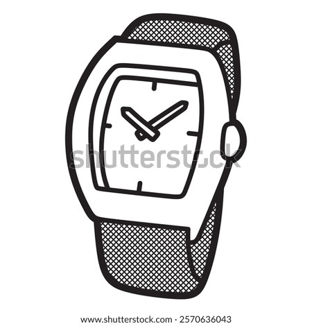 black and white vector image, simple square analog watch facing left