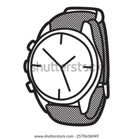 black and white vector image, simple round analog watch with long needle facing left