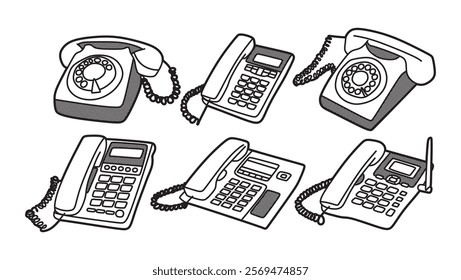 black and white vector image, six old model telephones