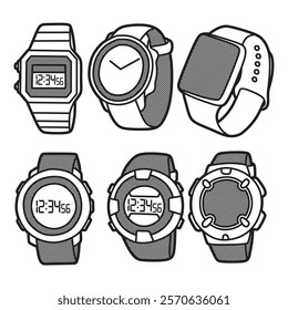black and white vector image, six simple watches