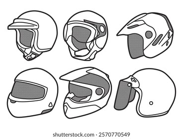 black and white vector image, six motorcycle helmets, head protection