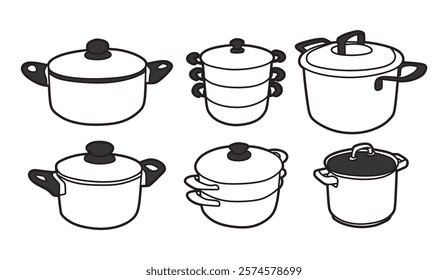 black and white vector image, six pans