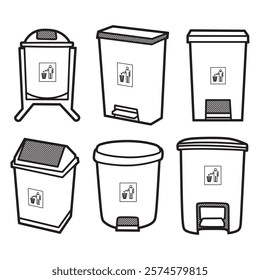 black and white vector image, six trash bins