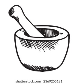 imagen vectorial en blanco y negro en el mortero de piedra estilo boceto para la vida de la cocina