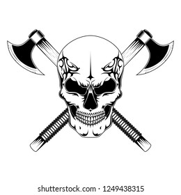 Black and white vector image of a skull with axes.