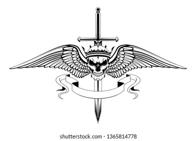 Black and white vector image of a skull in a crown, sword, wings. Image on white background.