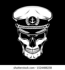 Black and white vector image of a skull in a captain's hat. Skull of the sea captain. Image on a black background.