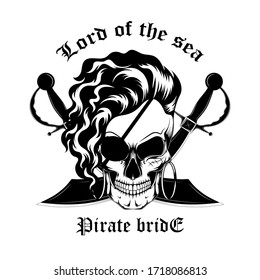 Black And White Vector Image Of A Skull Of A Pirate Woman. The Bride Of The Front Door.