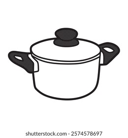 black and white vector image, small pan made of thick stainless steel facing forward with wide handle