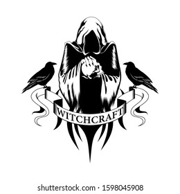 Black and white vector image of a sorcerer with a skull and ravens. Image on a white background.