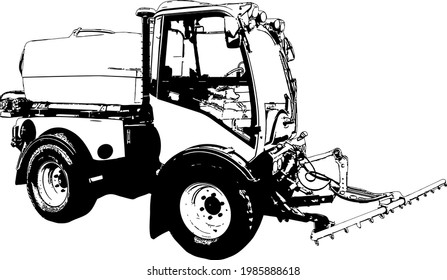 Black and white vector image of special equipment Vacuum Sweeper car in the streets