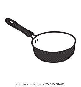 black and white vector image, stainless steel pan with long handle without lid