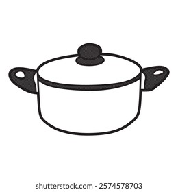 black and white vector image, stainless steel pan facing forward with wide handle
