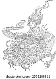 Black and white vector image of sun go kong and flying dragon