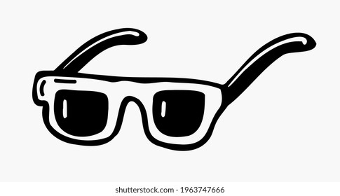 Black and white vector image of sunglasses in doodle style. Summer vacation concept.