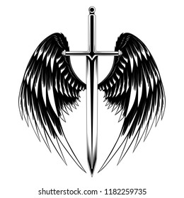 Black And White Vector Image Sword With Wings.