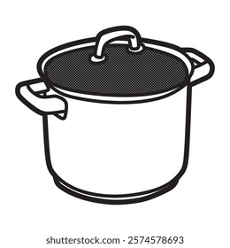 black and white vector image, tall pan made of stainless steel facing tilted to the left
