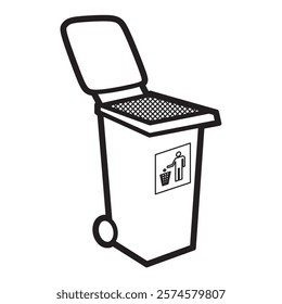 black and white vector image, trash bin with wheels facing right