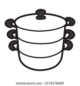 black and white vector image, triple stacked pan made of stainless steel facing forward