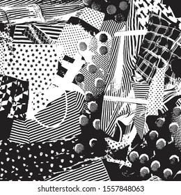 Black & White vector image with various distressed patterns. Textile, fabric, glitch, collage.