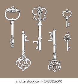 Black and white vector image of vintage keys.