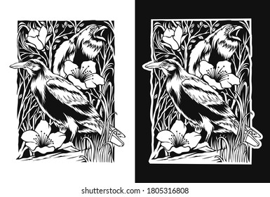 Black And White Vector Image Of A Vintage Themed Bird For An Adult Coloring Book