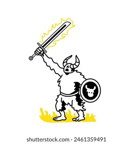 black and white vector image. a warrior brandished a sword burning in flames.