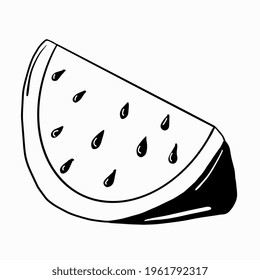 Black and white vector image of a watermelon slice on a white background in doodle style.