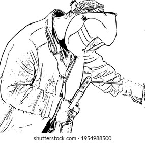 Black and white vector image of a welder in overalls and a protective mask at work