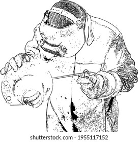 Black and white vector image of a welder in overalls and a protective mask at work