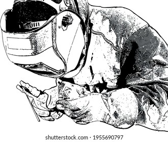 Black and white vector image of a welder in overalls and a protective mask at work