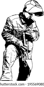 Black and white vector image of a welder in overalls and a protective mask at work