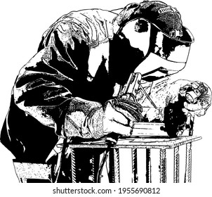 Black and white vector image of a welder in overalls and a protective mask at work
