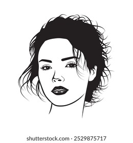 black and white vector image of woman with curly hair