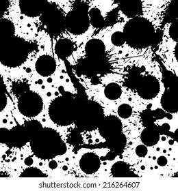 Tinta vectorial blanca y negra salpicada sin fisuras, fondo de repetición de arte gráfico sucio monocromo con puntos acrílicos superpuestos, escaneado y rastreado.