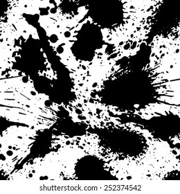 Tinta vectorial blanca y negra salpicada sin fisuras, fondo de repetición de arte gráfico sucio monocromo con puntos acrílicos superpuestos, escaneado y rastreado.