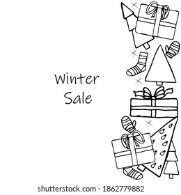 Black and white vector invitation card with christmas trees, gift boxes, socks. Doodle style vertical bordure for decoration, wrapping, coloring page.