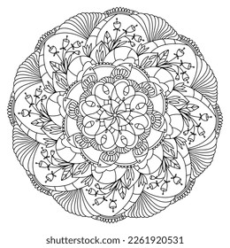 Black and white vector isolated on white background. Flower Mandala. Coloring page template.