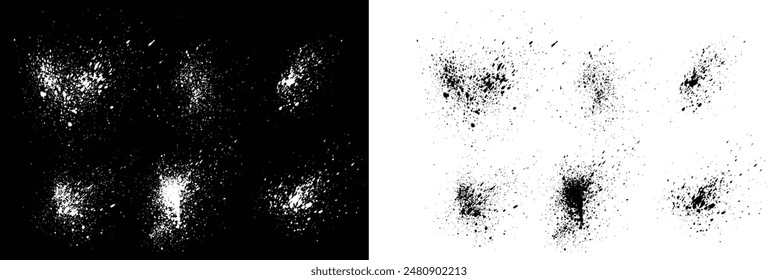 Negro y blanco Vector asesino sangre salpicadura textura cepillo trazo colección. Conjunto de sangre pintado a mano negro y blanco pincel de acuarela salpicar fondo sangrante