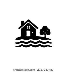 Black and white vector landscape with house by the river and tree minimal rural cabin icon