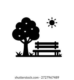 Paisagem vetorial preto e branco com árvore de banco de parque e sol mínima ilustração ao ar livre