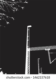 Black and white vector of landscape with railroad pole light and tree. Minimalist scenery.