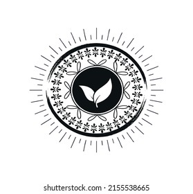 Black and white vector with leaf and decoration in the center of the circle. Simple designs for logos, symbols, tattoos, icons, brands, book covers and more