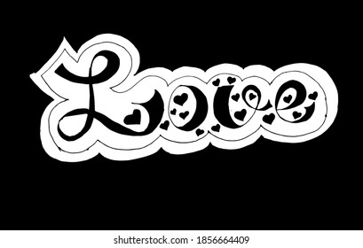 Black and white vector lettering "love", hearts