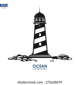 black and white vector lighthouse, hand-drawn lighthouse, isolated on white